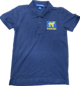 A blue polo shirt with yellow and blue textDescription automatically generated with medium confidence